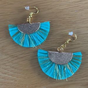 Teal raffia and gold accents earrings